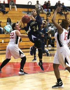 Southwest DeKalb's Raven Thurman drives past Druid Hills' Zoey Beato (22) and Angel Gibbs (12) during first half action of Southwest's Region 6-5A win. (Photo by Mark Brock)