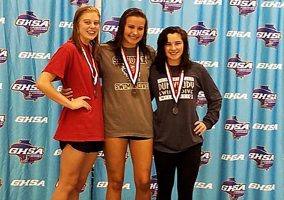 Dunwoody's Lauren Davis (far right) grabbed the silver medal in the All Classification One Meter Diving at the GHSA Swimming and Diving Championships. (Photo courtesy of the GHSA)