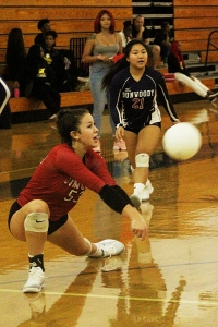 Dunwoody All-Tournament pick Amanda Gild goes after a dig as teammate Ashley Nquyen (21) looks at the play. (Photo by Mark Brock)