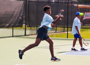 Chamblee's Bryce Starks teamed up with Carter DiFonzo for a 6-0, 6-2 win at No. 1 doubles. (Photo by Mark Brock)