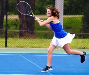 Chamblee's Allison Lvovich and No. 2 doubles teammate Samantha McCrery won one of four points for the Lady Bulldogs in their win over McIntosh for a spot in the Class 5A Final Four. (Photo by Mark Brock)