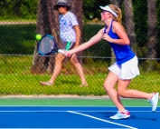 Chamblee's Samantha McCrery teamed up with Allison Lvovich for a 6-2, 6-1 win over Carrollton's Madison Webb and Maddie Rogers to get the Lady Bulldogs on the board first. (Photo by Mark Brock)