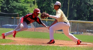 Southwest DeKalb first baseman Keion Neal (right) and his Panther teammates are vying to keep their postseason alive against No. 10 Riverwood on Thursday. (Photo by Mark Brock)