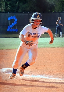 Chamblee's Savannah Russell rounds third and heads to home to score the Lady Bulldogs' lone run of a 5-1 loss in Game 2 vs. Woodland. (Photo by Mark Brock)