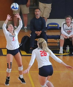 Dunwoody's Morgan Speice (3) and teammate Mary kate Kotzin work together at the net. The pair and their Dunwoody teammates are playing in the Class 6A Sweet 16 on Wednesday vs. Lakeside-Evans at 5:00 pm. (Photo by Mark Brock)