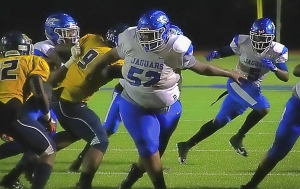 Stephenson offensive lineman Khoury Jones (52) helped the Jaguars rushing attack score five touchdowns in a 47-20 Class 6A first round playoff victory over Bradwell Institute. (Photo by Mark Brock)