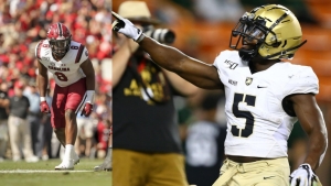 (l-r) South Carolina's DJ Wonnum (Stephenson) and Army's Kell Walker (Lakeside) are two DeKalb standouts on football rosters in 2019. (Photos courtesy of South Carolina and Army Athletics)