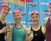 The Chamblee Lady Bulldogs 200-yard Medley Relay team won a second consecutive gold medal at the GHSA Class 4A/5A State Meet. This year's team (l-r) Kyla Maloney, Mary Adam, Evelyn Entrekin and Sophie Bell. (Courtesy Photo)