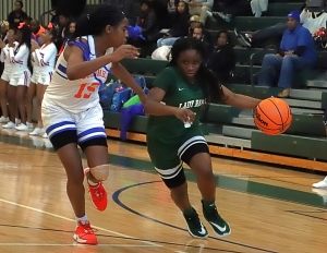 Arabia Mountain's Myoria Pruitt (1) turns the corner against Columbia's Daija Carr in the Lady Rams 52-39 win over the Lady Eagles. (Photo by Mark Brock)