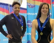 Druid Hills' Idris Muhammad (left) and Chamblee's Kyla Maloney (right) both won gold in the boys' and girls' 100-yard baskstroke, respectively. (Courtesy Photo)
