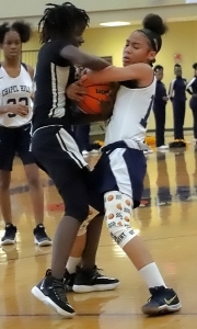 Lithonia's Alika Daugherty (left) and Chapel Hill's Camille Files battle for the basketball during girls' consolation action at Milller Grove High School. (Photo by Mark Brock)