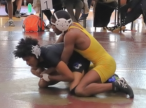 Stephenson's Damonie Young (left) and Southwest DeKalb's Jaheim Williams had a big match in the DCSD County Championships. but now both are qualified for the state tournament this weekend. (Photo by Mark Brock)