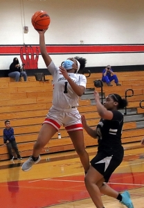Druid Hills' Kaitlyn Robinson (1) goes in for layup on a fast break in front of Miller Grove's Jalina Robinson (20) in Druid Hills 46-44 Region 6-4A quarterfinal win at Druid Hills on Monday. (Photo by Mark Brock)