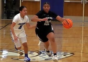 Miller Grove's Jalina Robinson (20) drives up the floor against Stephenson's Blezzy Abong (5). Robinson keyed a big run early in the fourth quarter to aid Miller Grove's 44-40 win over Stephenson in girls' 6-4A play on Monday. (Photo by Mark Brock)