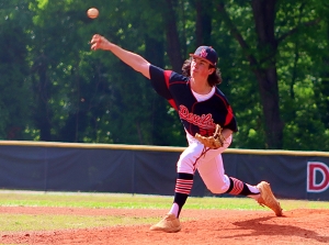 Druid Hills reliever Ian O'Connor set down seven consecutive Bruins during three innings o relief on he mound for the Red Devils in the 3-0 Game 1 loss (Photo by Mark Brock)