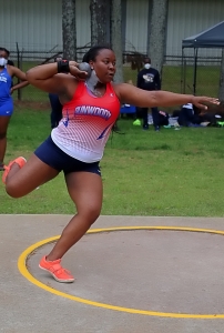Dunwoody's Janae Profit set two records (shot put/discus) on the first day of action at the DCSD Track and Field Championships. (Photo by Mark Brock)
