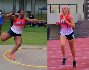 Dunwoody's Janae Profit and Claire Shelton both won a pair of gold medals at the Region 7-7A Track Championships. (Photos by Mark Brock)