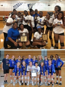 The 2019 Columbia Lady Eagles (top) and Chamblee (bottom) took home bracket titles in the 2019 DCSD Spikefest.