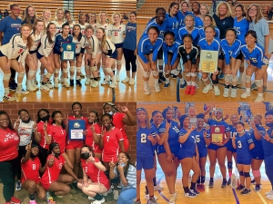 Pool winners of the 7th Annual DCSD Spikefest Volleyball Tournament were (clockwise from top left) Dunwoody, Chamblee, McNair and Redan. 