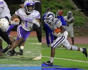Big running games collide in Region 6-4A meeting led by Miller Grove's Jayden Brown (left) and Arabia Mountain's Solomon Rayton (right). (Photos by Mark Brock)