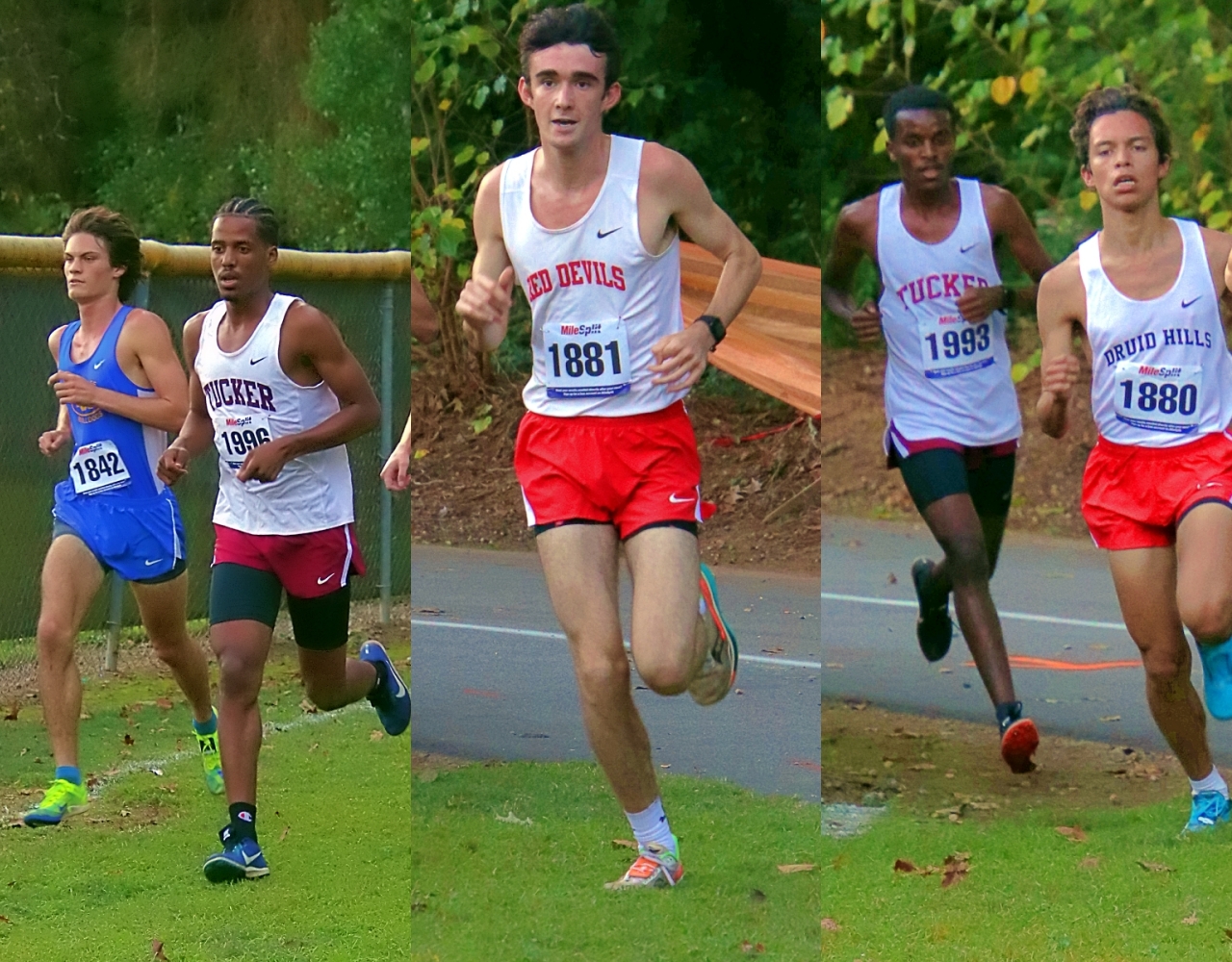 Druid Hills Sage Walker (middle photo) clocked a DeKalb County season's best of 16:46.85 to win the individual boys' gold medal. (Photos by Mark Brock)