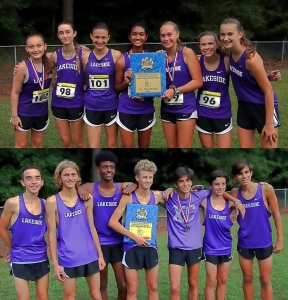 The Lakeside Lady Vikings (top photo) and Vikings both pulled out one-point wins to capture the 2021 DCSD JV Cross Country County Championships. (Photos by Mark Brock)