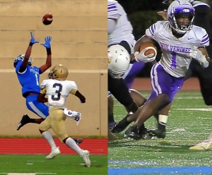 Stephenson's Rahim Diarrassouba (1) (left photo) hauls in a catch on the sideline against Lithonia and (right photo) Miller Grove's Jayden Brown (1) cuts upfield against Lakeside. Stephenson and Miller Grove collide in a Region 6-4A game on Friday night at Hallford Stadium. (Photos by Mark Brock)