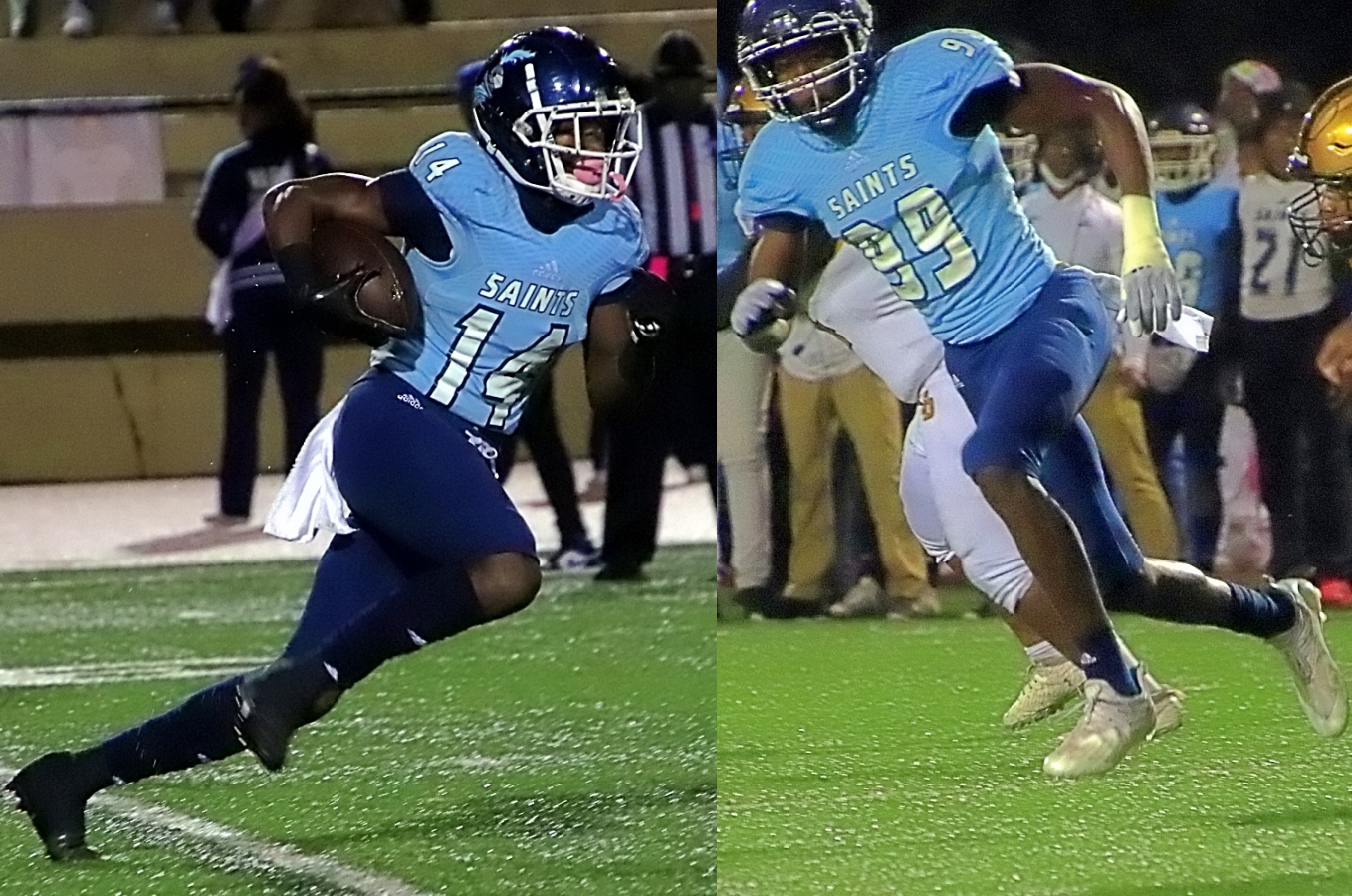 Cedar Grove's Barry Jackson (left) had two receiving touchdowns in the Saints playoff win over White County. Defensive lineman Adonijah Green (right) had an interception and a sack for the Saints in the playoff win. (File photos by Mark Brock)