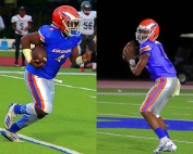 Columbia Eagle Lamaze Williams (left) ran for 100 yards and a touchdown on offense and had six tackles (1 for a loss) on defense in the Eagles win over Elbert County. Columbia's Elijah Morgan (right) threw for one touchdown and ran for another in the Eagles' win. (File photos by Mark Brock)
