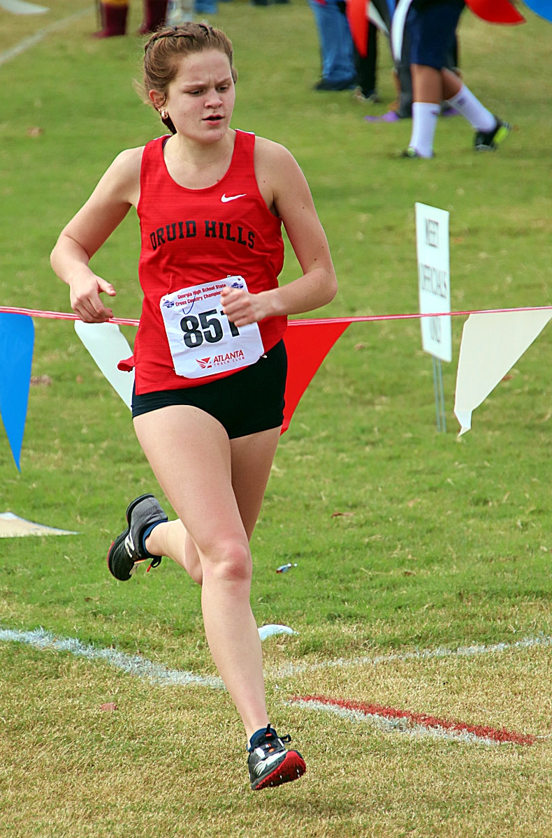 Senior Katie Blount finished eighth in the Class 4A girls' race to lead the Lady Red Devils to a second consecutive sixth place finish in the state meet. (Photo by Mark Brock)