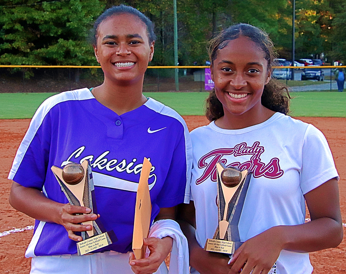 Lakeside's Mattie Jenkins (left) was named the Blue MVP and Tucker's Andreya Hunter (right) was name the Red MVP at the 16th Annual DCSD Senior All-Star Softball Classic. (Photo by Mark Brock)