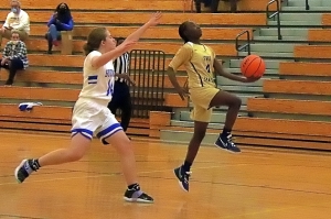 Chamblee's Jessica Perez (left) tries to chase down Southwest DeKalb's Janiya McCoy during Southwest's 59-39 Region 5-5A win at Chamblee. (Photo by Mark Brock)