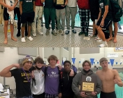 Co-Champions in the 2022 DeKalb County Swim and Dive Boys' Championships were Dunwoody (top photo) and Lakeside (bottom photo). The teams tied with 218 points each. (Courtesy photos)
