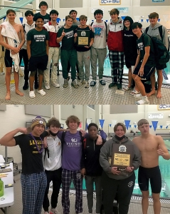 Co-Champions in the 2022 DeKalb County Swim and Dive Boys' Championships were Dunwoody (top photo) and Lakeside (bottom photo). The teams tied with 218 points each. (Courtesy photos)