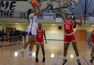 Miller Grove's Trinity Coleman (22) shoots over the outstretched hand of Druid Hills Katherine Robinson (21) during Druid Hills 50-23 win. (Photo by Mark Brock)