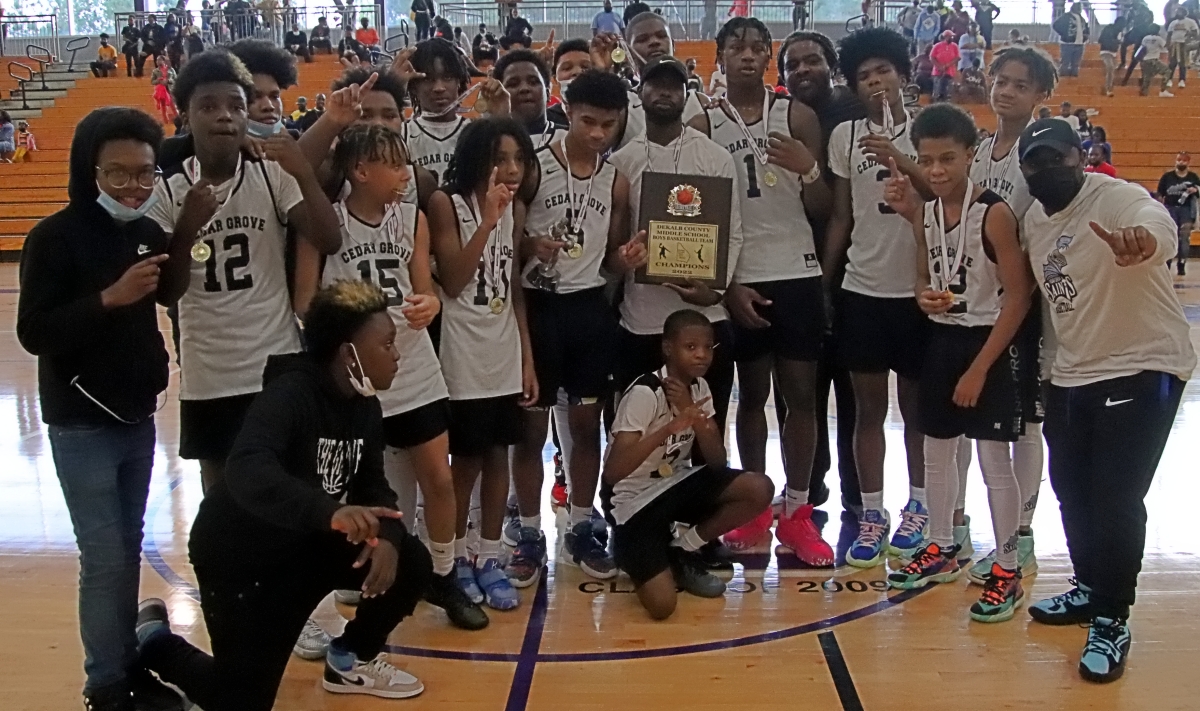 The Cedar Grove Saints defeated the Columbia Eagles 44-41 to win the 2022 DeKalb County Middle School Boys' Basketball Championship. (Photo by Mark Brock)unty Middle School Girls' Basketball Championship. (Photo by Mark Brock)