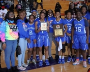 The Columbia Lady Eagles defeated the Arabia Mountain Lady Rams 43-35 to win the 2022 DeKalb County Junior Varsity Girls' Basketball Championship. (Photo by Mark Brock)