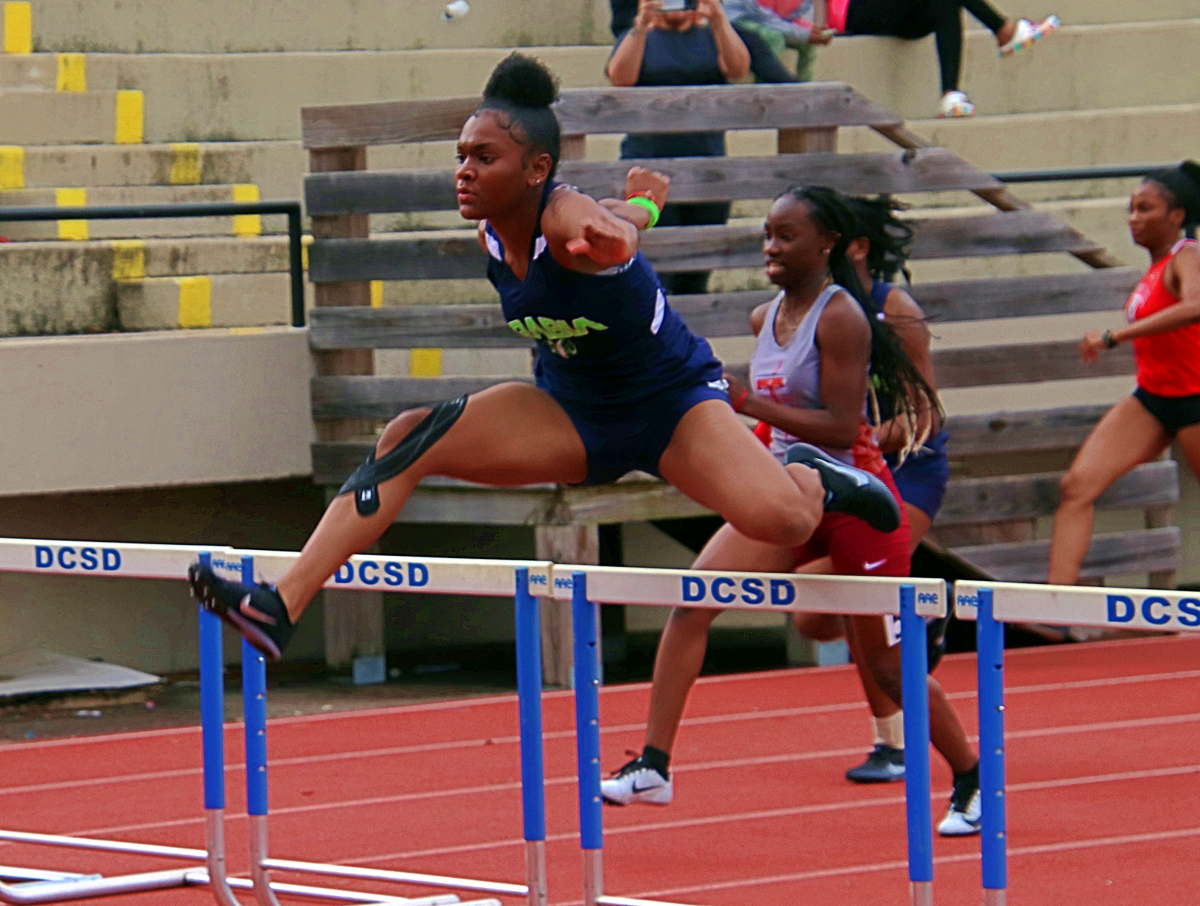 Arabia Mountain's Ava Amey fueled a furious Lady Rams rally that came up just short behind Miller Grove for the JV Girls' Championship title. Amey won the 100M hurdles. (Photo by Mark Brock)