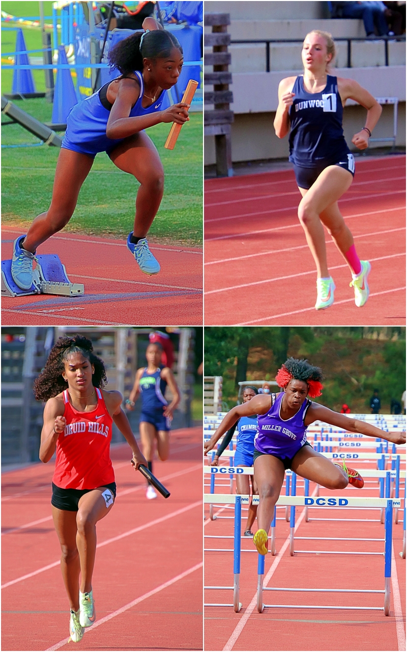 Some performers from the 2022 DCSD Girls' County Track and Field Championships (clockwise from top left) Chamblee's Jai'a Jackson, Dunwoody's Claire Shelton, Druid Hills' Snaa Frederick and Miller Grove's Rusanek Tyler-Thompson. (Photos by Mark Brock)