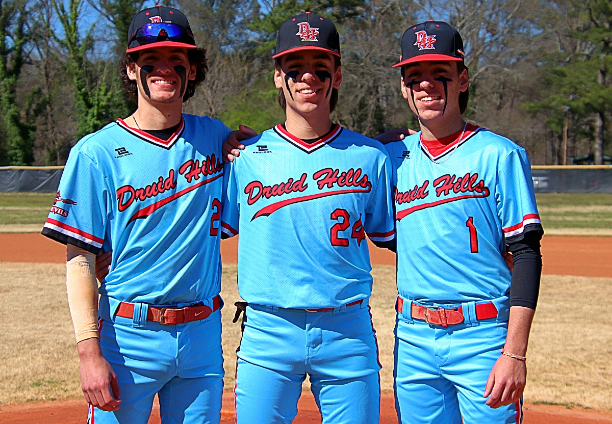 Druid Hills' baseball triplets (l-r) Nick, Cody and Dylan Akins are the core of 11 seniors leading the Red Devils in the 2022 high school baseball season. (Photo by Mark Brock)
