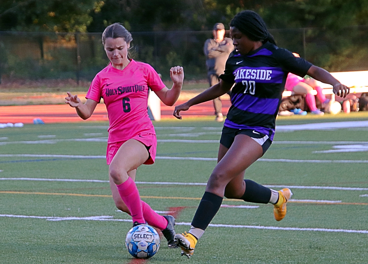 Lakeside's Charisse Mmiller (20) beats a Holy Spirit Prep defender on the way to a first half goal in the Lady Vikings' 10-0 win on Tuesday night at Avondale Stadium. (Photo by Mark Brock)