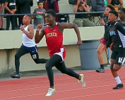 Tucker's Asante Gordon (front) swept the 100 and 200-meter dashes. He is pulling away from Cedar Grove's Jaylen Langston in the 200. (Photo by Mark Brock)