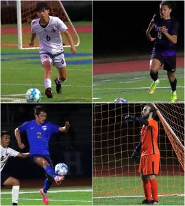 Boys' soccer action gets underway on Wednesday and some of the 7 teams represented include (clockwise from top left) Druid Hills Pa Da, Lakeside's Damian Heard, Dunwoody's Ethan Archibald and Tucker's Alex Rice. (Photos by Mark Brock)