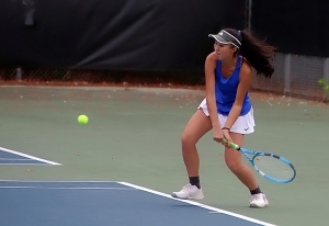 Chamblee's Sophia Cheng swept her No. 3 singles match against Cartersville's Madison Feydon 6-0, 6-0 in aiding a 3-0 Chamblee Class 5A girls' state playoff win. (Photo by Mark Brock)