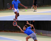 Chamblee's Bryce Starks (top) and Rudy Bhukhanwala (bottom) were in singles action against Calhoun in the Bulldogs' 4-0 first round playoff victory. (Photos by Mark Brock)