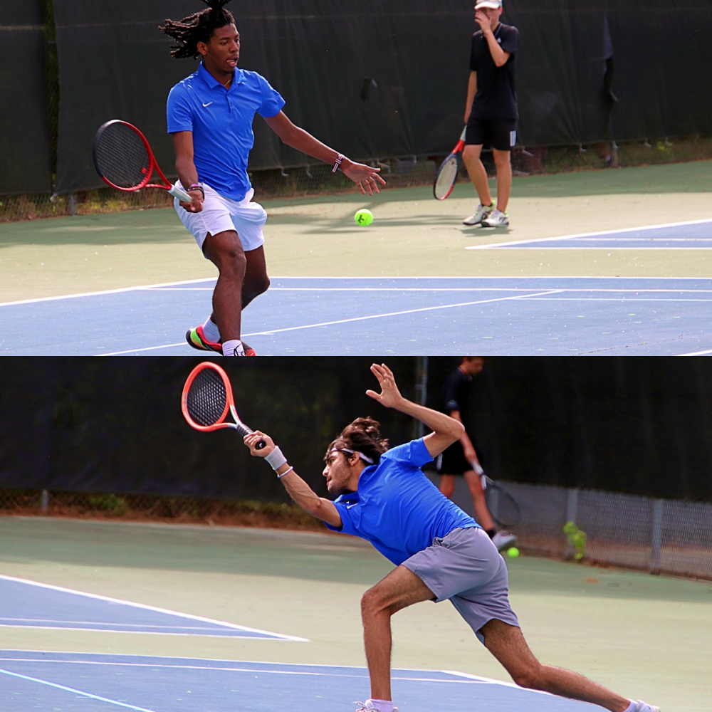 Chamblee's Bryce Starks (top) and Rudy Bhukhanwala (bottom) were in singles action against Calhoun in the Bulldogs' 4-0 first round playoff victory. (Photos by Mark Brock)