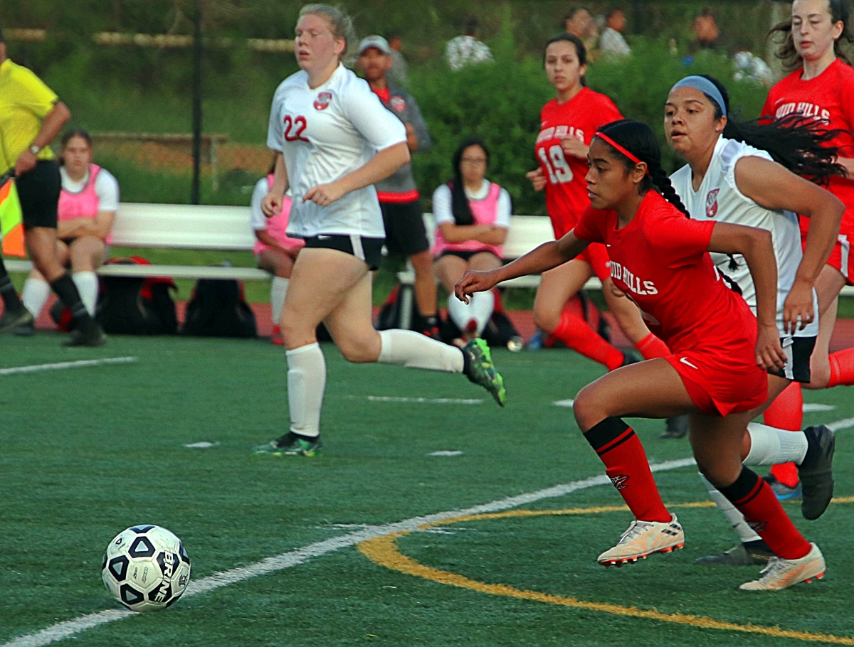 Druid Hills' Celia Sanchez moves up field against the Madison County defense during a 1-0 Class 4A state playoff loss. (Photo by Mark Brock)