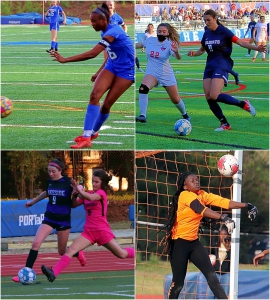 Girls' soccer action gets underway on Tuesday and some of the 8 teams represented include (clockwise from top left) Chamblee's Alexis Harris, Dunwoody's Lily Garrigan, Lakeside's Tristan Linscott and Arabia Mountain's Fredia Lansana. (Photos by Mark Brock)