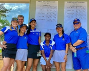 The Chamblee Lady Bulldogs finished 12th in the Class 5A Girls' State Golf Tournament with a team total of 692. Players include (l-r) Julia Mansour, Sophia Li, Deesha Khaana, Trinity Walls and Olivia Li. Coaches are (l-r) assistant coach Mark Winne and Head Coach Kurt Koeplin.