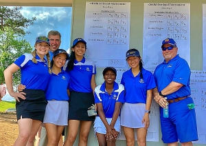 The Chamblee Lady Bulldogs qualifed for the Class 5A Girls' State Golf Tournament with a fourth place finish at the Class 5A Girls' State Sectional earlier this week. Players include (l-r) Julia Mansour, Sophia Li, Deesha Khaana, Trinity Walls and Olivia Li. Coaches are (l-r) assistant coach Mark Winne  and Head Coach Kurt Koeplin.